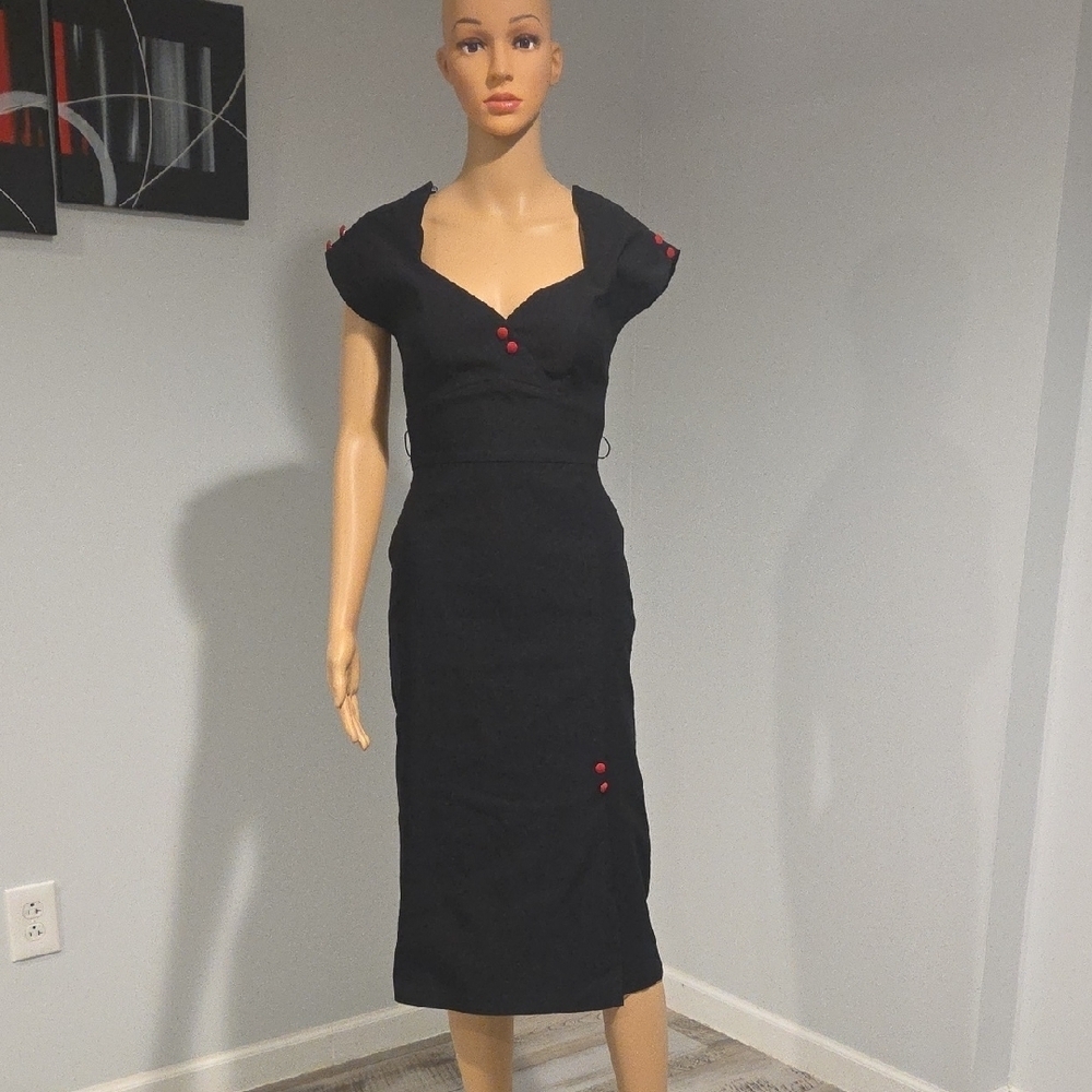 Stop Staring Elegant Black Midi Dress with Red Accents - Picture 2 of 11
